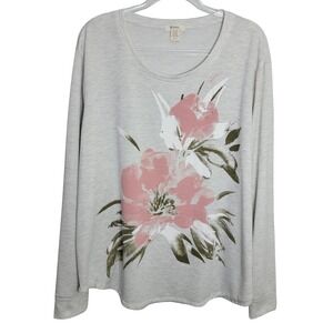 Madison & Berkeley Womens 2X Floral Rhinestone Long Sleeve Top Gray French Terry